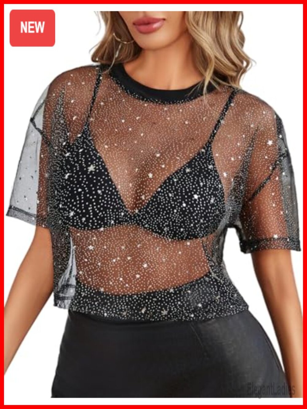 Mesh Crop Top Short Sleeve See Through Shirt Sheer Geometric Print